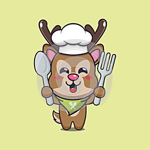 Cute chef deer mascot cartoon character holding spoon and fork.