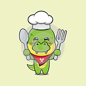 Cute chef dino mascot cartoon character holding spoon and fork.