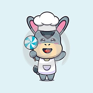 Cute chef donkey mascot cartoon character holding candy.