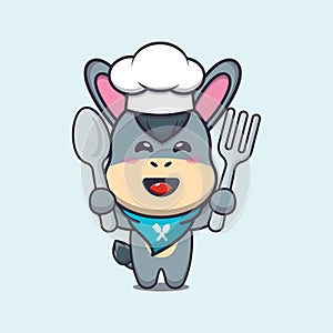 Cute chef donkey mascot cartoon character holding spoon and fork.