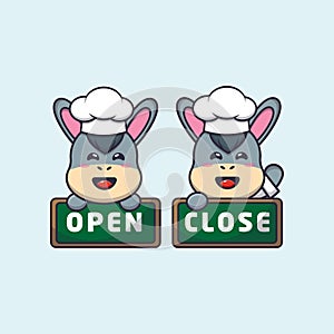 Cute chef donkey mascot cartoon character with open and close board.