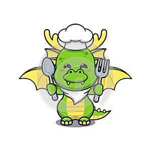 Cute chef dragon mascot cartoon character holding spoon and fork.