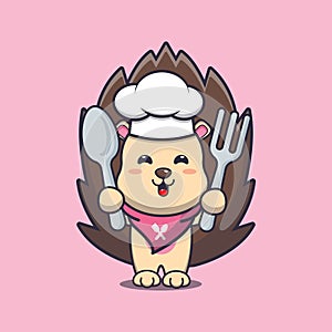 Cute chef hedgehog mascot cartoon character holding spoon and fork.