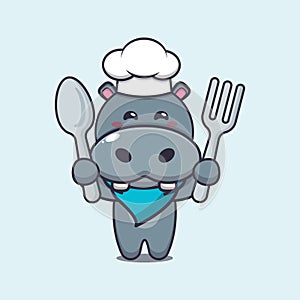 Cute chef hippo mascot cartoon character holding spoon and fork.