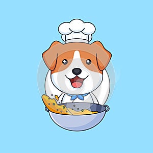 Cute chef puppy dog cooking street food use frying pan animal mascot cartoon vector illustration