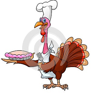 Cute chef turkey bird cartoon holding cake