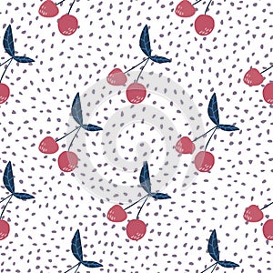 Cute cherries wallpaper on dots background. Cherry seamless pattern for fabric design