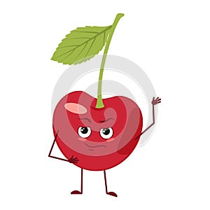 Cute cherry character with emotions, face, arms and legs. The funny or proud, domineering hero, berry with eyes