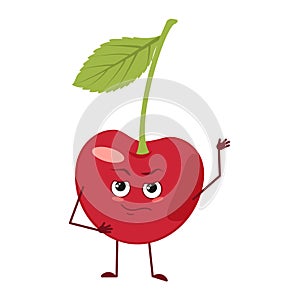 Cute cherry character with emotions, face, arms and legs. The funny or proud, domineering hero, berry with eyes photo