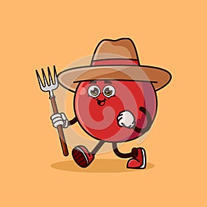 Cute Cherry fruit Farmer character with pitchfork. Fruit character icon concept isolated. flat cartoon style Premium Vector