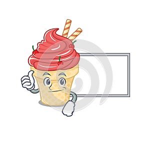 Cute cherry ice cream cartoon character Thumbs up bring a white board