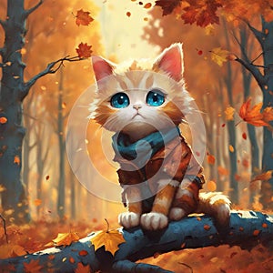 Cute chibi cat with blue eyes in autumn, orange hues