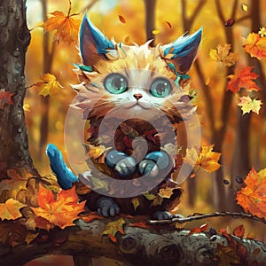 Cute chibi cat with blue green eyes in autumn, orange hues