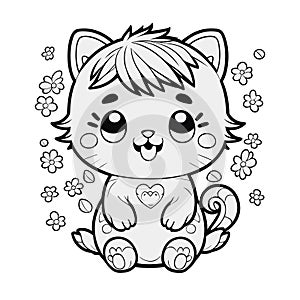 Cute chibi cat coloring page with flowers