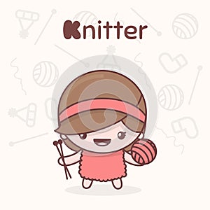 Cute chibi kawaii characters. Alphabet professions. Letter K - Knitter