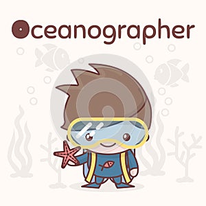 Cute chibi kawaii characters. Alphabet professions. Letter O - Oceanographer