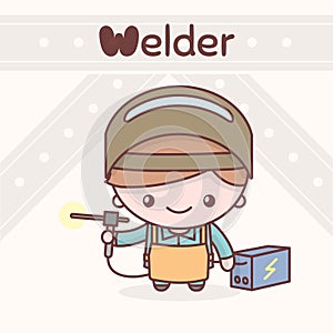 Cute chibi kawaii characters. Alphabet professions. The Letter W - Welder