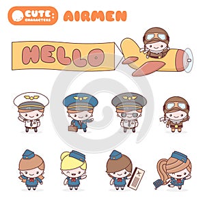 Cute chibi kawaii characters profession set: Airmen.