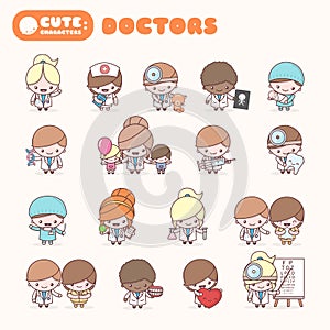 Cute chibi kawaii characters profession set: Doctors.