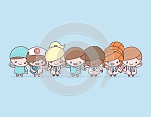 Cute chibi kawaii characters profession set. Hospital medical staff team doctors on blue background.
