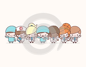 Cute chibi kawaii characters profession set. Hospital medical staff team doctors on warm background