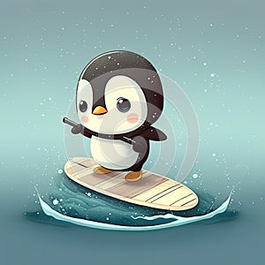 Cute chibi pinguin on sup board cartoon chibi style, AI generative