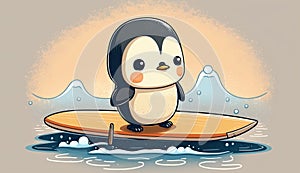 Cute chibi pinguin on sup board cartoon chibi style, AI generative