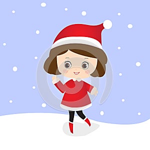 Cute Chibi Santa Girl Cartoon Wearing Santa Claus Costume Illustration Vector