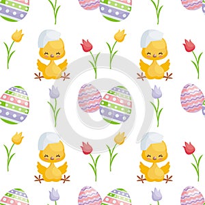 Cute chick and easter eggs seamless pattern
