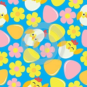 Cute chick, flower, and eggs on blue background cartoon, Easter seamless pattern, wallpaper, and greeting card
