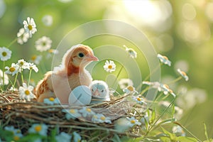 Cute chick in a nest with pastel Easter eggs. Generate ai