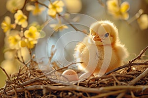 Cute chick in a nest with pastel Easter eggs. Generate ai