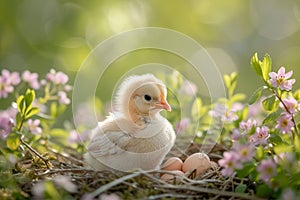 Cute chick in a nest with pastel Easter eggs. Generate ai