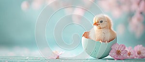 Cute chick sitting in cracked eggshell. Soft pastel Easter background. Copy space. AI Generated