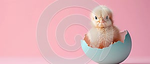 Cute chick sitting in cracked eggshell. Soft pastel Easter background. Copy space. AI Generated