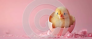 Cute chick sitting in cracked eggshell. Soft pastel pink Easter background. Copy space. AI Generated