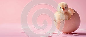 Cute chick sitting in cracked eggshell. Soft pastel pink Easter background. Copy space. AI Generated