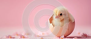 Cute chick sitting in cracked eggshell. Soft pastel pink Easter background. Copy space. AI Generated