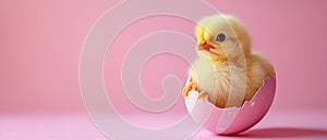 Cute chick sitting in cracked eggshell. Soft pastel pink Easter background. Copy space. AI Generated