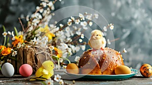 Cute chick on top of the Easter kulich on the table surrounded by eggs and flowers