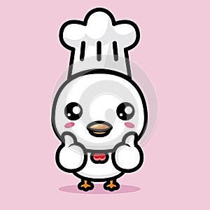 Cute chicken animal cartoon character wearing a chef hat to become a chef