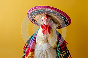 a cute chicken cockrel dressed in mexican sombrero hat and clothing studio shot