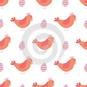 Cute chicken with an Easter egg on a white background. Vector seamless pattern in flat style