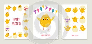 Cute chicken and eggs. Funny easter card set. Collection of greeting posters with smiling chiks. Cartoon vector hand