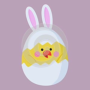 Cute chicken in an eggshell with rabbit ears. multicolored vector clipart. Easter card, happy Easter.