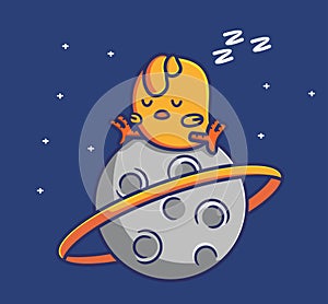 cute chicken sleep on the planet saturn with beautiful ring.Animal cartoon Isolated Flat Style Sticker Web Design Icon