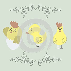 Cute chickens in a set, vector children\'s colorful illustrations in cartoon hand-drawn style for printing on children\'s clothing