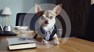 cute chihuahua in a business suit at the table in the office