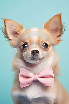 Cute Chihuahua dog with bowtie on pastel background