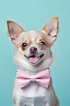 Cute Chihuahua dog with bowtie on pastel blue background